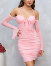 Mesh Bell Sleeve Halter Tie Up Ruched Corset Dress