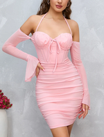 Mesh Bell Sleeve Halter Tie Up Ruched Corset Dress