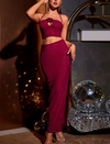 Sequin Halter Cut-out Applique Top + Side Slit Skirt Set