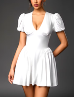 Puff Sleeve V-Neck Satin Double Layers Dress