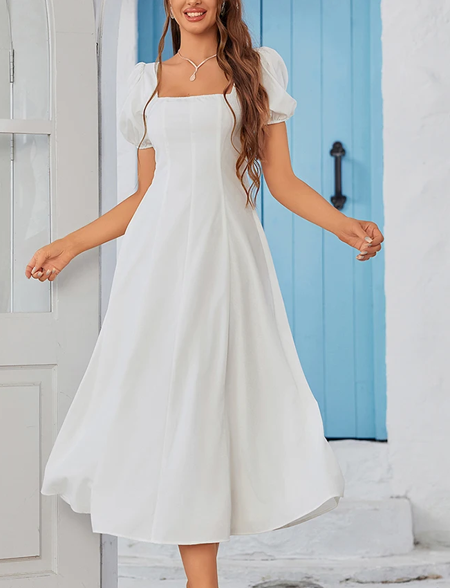 White Puff Sleeves Square Neck Long Dress