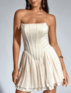 Beige Strapless Satin Corset Double Ruffle Dress