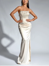 Beige Strapless Beaded Corset Split Dress