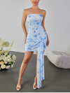 Blue Print Strapless Ruched Lace Up Dress