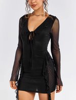 Long Sleeve Tie Up Mesh Hollow Ruffle Dress