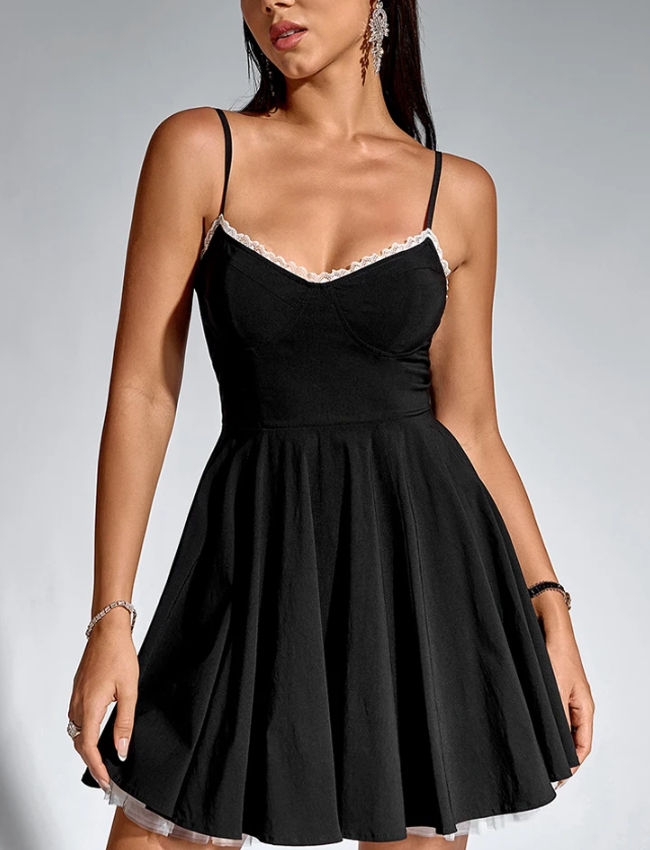 V-Neck Lace Ruffle Hem Spaghetti Straps Dress