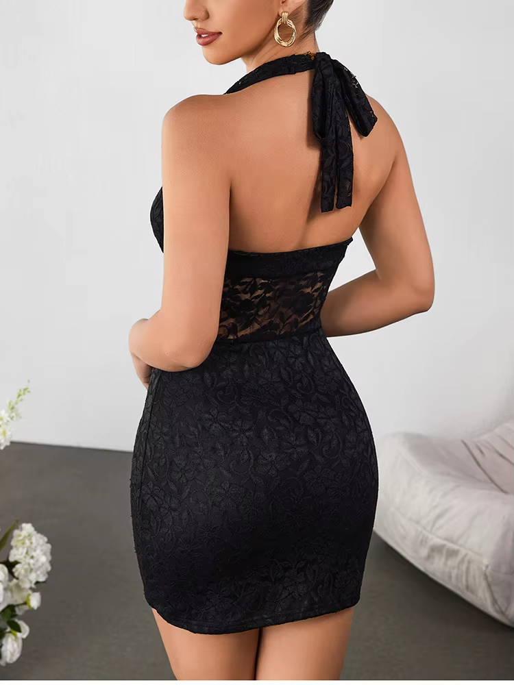 V-Neck Tie Up Lace Backless Dress