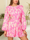 Floral Lantern Sleeves Backless Round Neck Dress