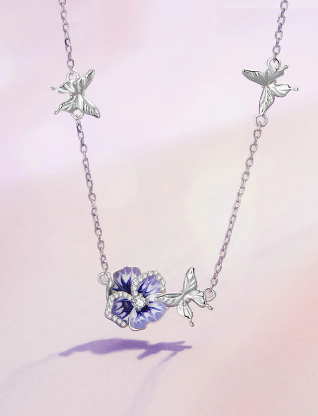 Sterling Silver Purple Flower & Butterfly Necklace