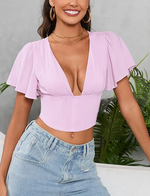 Butterfly Sleeve V-neck Corset Crop Top