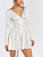 Satin V-Neck Tie-Up Ruched Dress