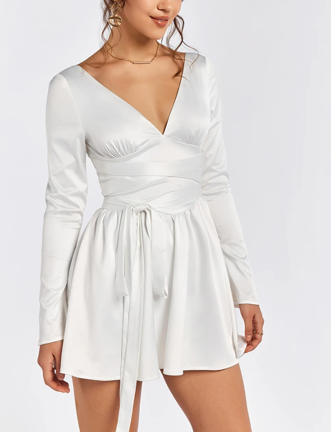 Satin V-Neck Tie-Up Ruched Dress