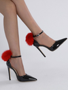 Red Pompom Leather Thin High Heel