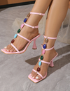 String Bead Square Toe Mixed Colors Buckle Strap High Heel