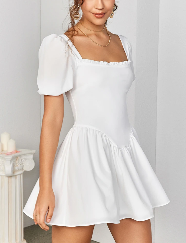 White Puff Sleeve Square Neck Backless Mini Dress