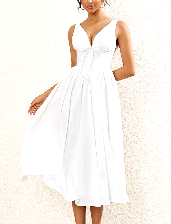 V-Neck Tie Up Backless Ruched Corset Dress