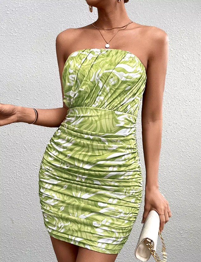 Sleeveless Ruched Print Double Layers Dress