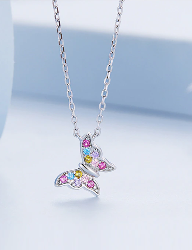 Sterling Silver Butterfly Colorful Zircon Neck