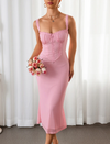 Pink Lace Tie-Up Mesh Ruched Long Dress