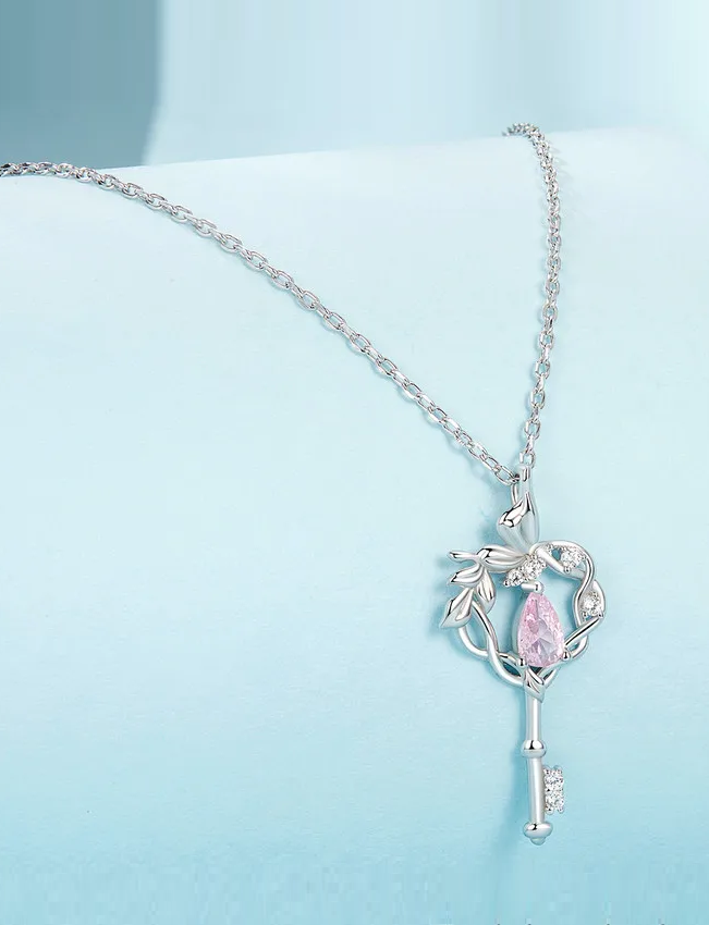 925 Silver Butterfly Heart Key Drop Pink CZ Necklace