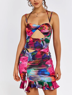 Floral Halter Cut-out Ruched Ruffled Hem Dress