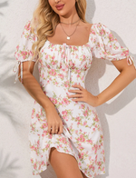 Floral Off Sleeve Chiffon Square Neck Dress