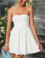 White Strapless Jacquard Ruched  Dress