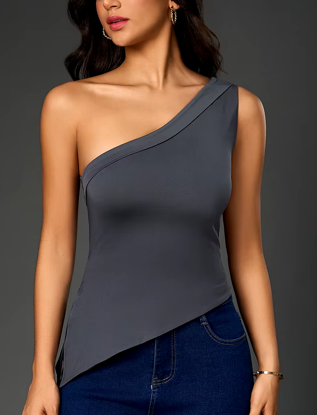 One Shoulder Side Slit Double Layers Top