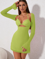 Long Sleeve Mesh Cut-Out Bandage Dress