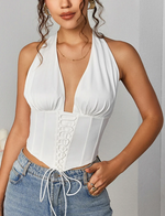 Halter V-neck Tie Up Ruched Corset Top