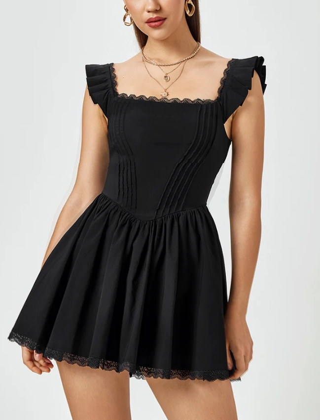 Square Neck Lace Corset Ruched Dress