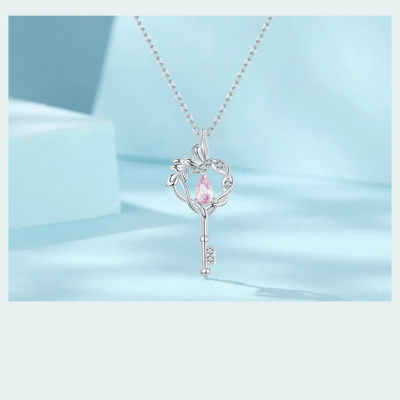 925 Silver Butterfly Heart Key Drop Pink CZ Necklace