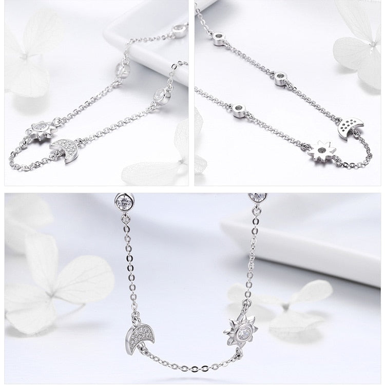 Sterling Silver Crystal Moon + Star Necklace