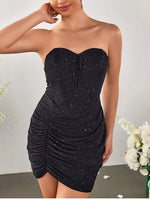 Strapless Sequin Mesh Double Layer Ruched Dress