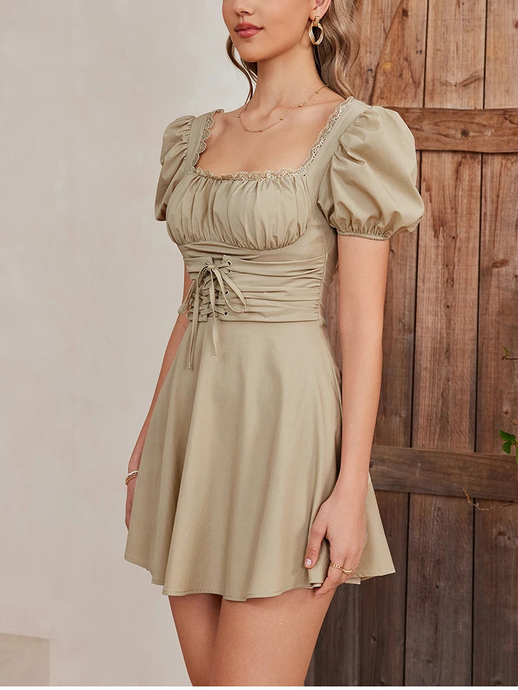 Lace Puff Sleeve Waist Tie-Up Square Neck Dress