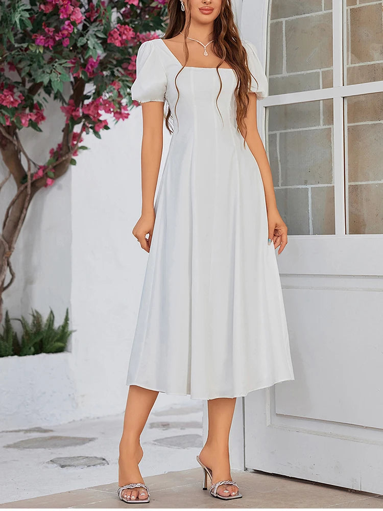 White Puff Sleeves Square Neck Long Dress