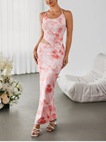 Halter Backless Butterfly Print Top & Slit Long Skirt Set