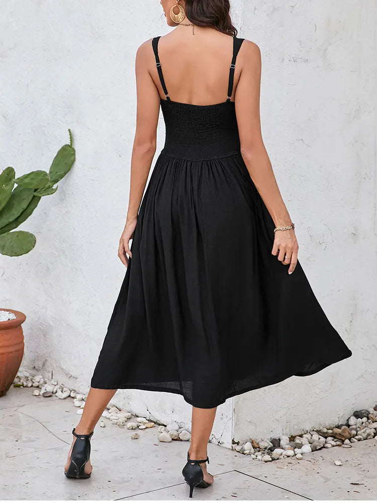 Adjustable Straps Pleated V-neck Ruched Dress