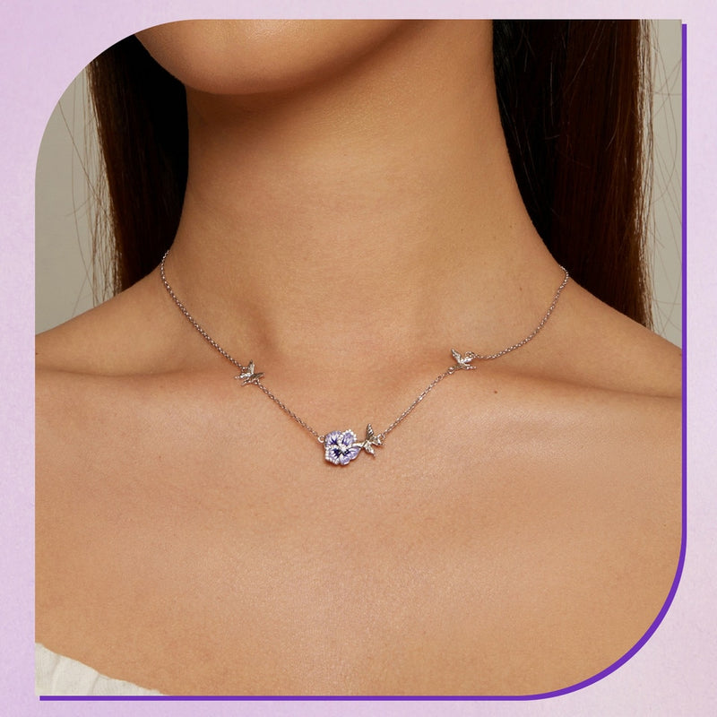 Sterling Silver Purple Flower & Butterfly Necklace