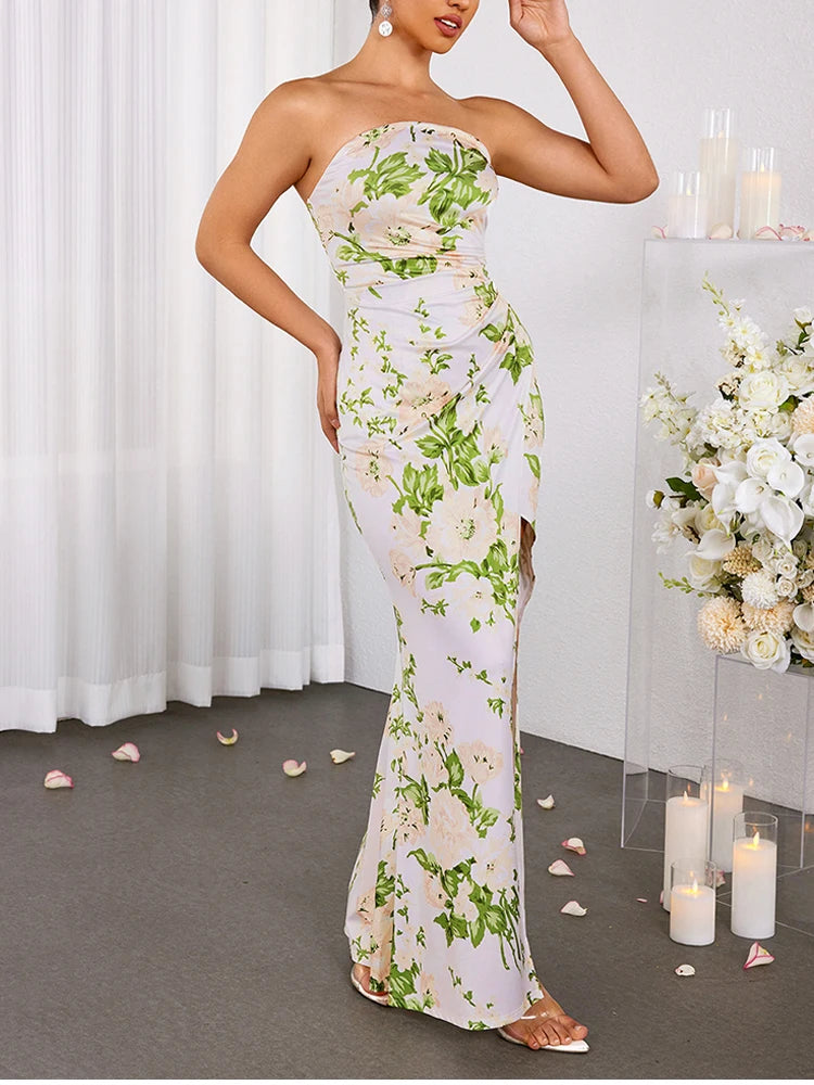 Strapless Ruched Floral Bodycon Dress