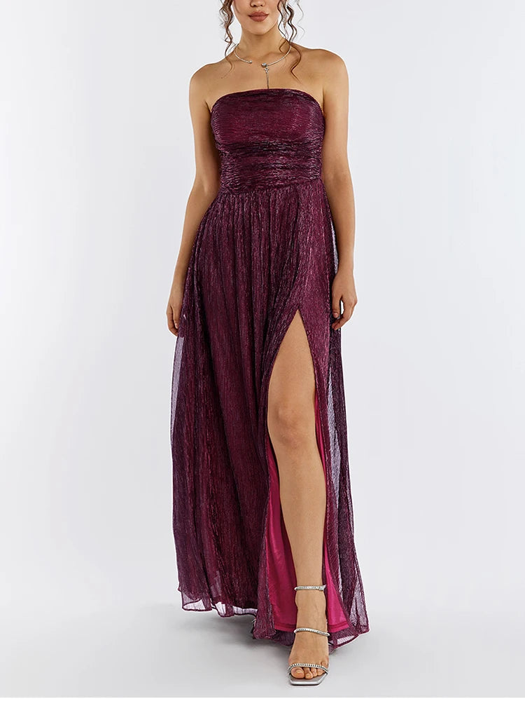 Red Wine Sleeveless Side Slit Ruched Maxi Dress