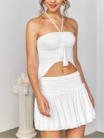 Ruffled Hem Skirt + Halter Backless Ruched Top Set