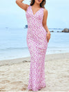 Purple Print Lace Backless V-neck Maxi Dress