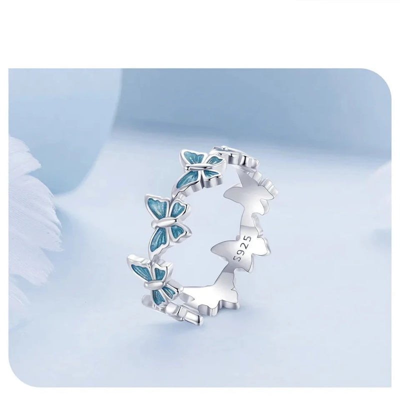 925 Silver Blue Plated Butterfly Ring