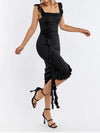 Black Applique Ruffle Square Neck Dress