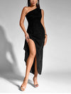 One Shoulder Sequin Mesh Slit Ruffles Party Dress