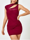 Mesh Cut-Out Asymmetric Neck Ruched Dress