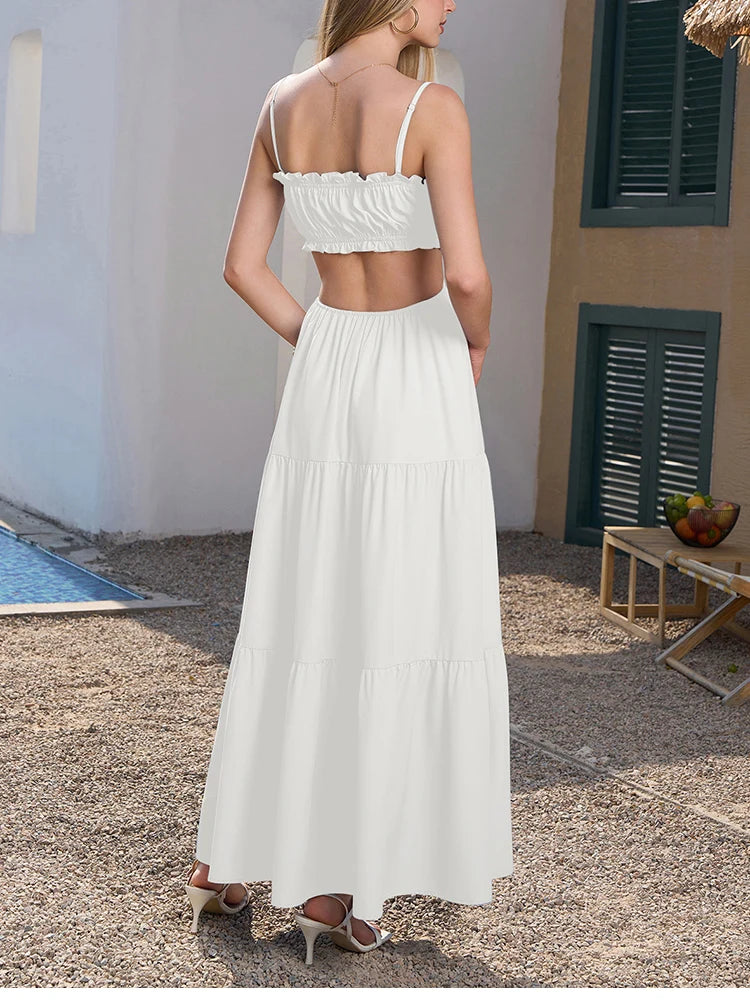 Adjustable Straps Backless Ruffled Lace-up Beach Dress