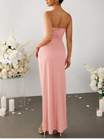 Strapless Applique Ruched Side Slit Maxi Dress