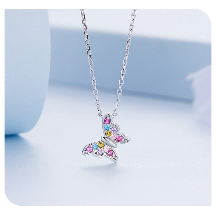 Sterling Silver Butterfly Colorful Zircon Neck